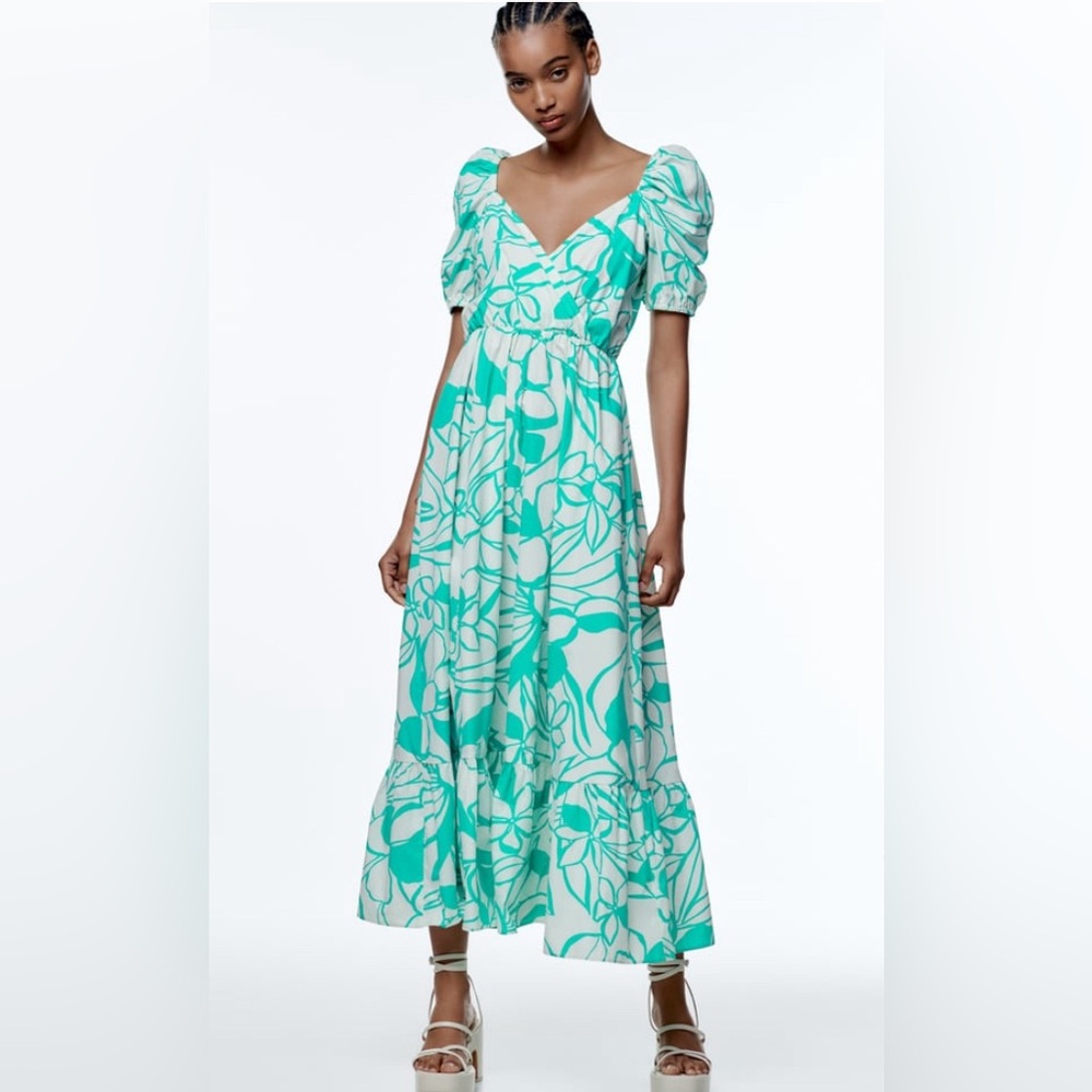 Zara printed poplin dress NWT white and green